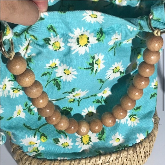 C & C California Blue and White Flower Wicker Bottom Bag - Picture 3 of 5